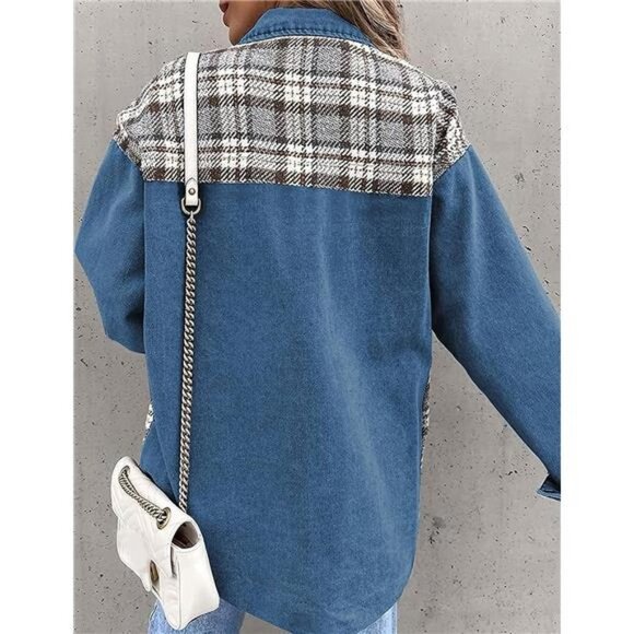 Medium Wash Plaid Printed Patchwork Oversized Denim Jean Shacket Jacket Top - Picture 3 of 5